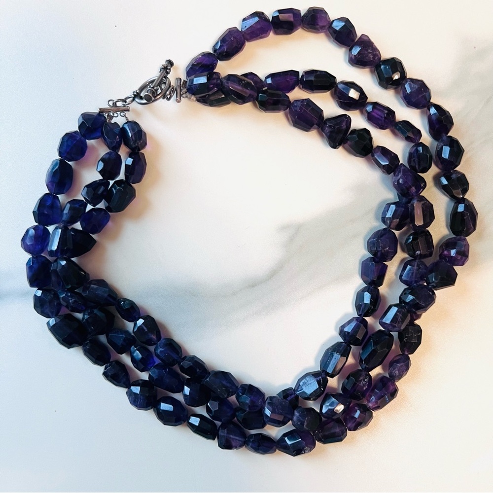 Magnificent Triple-Strand Amethyst Gemstone Statement Necklace w/ .925 Bar Clasp